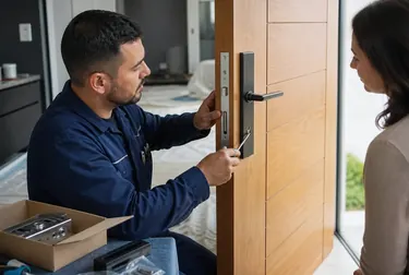 Chaveiro instalando fechaduras em uma porta em Carapicuíba.