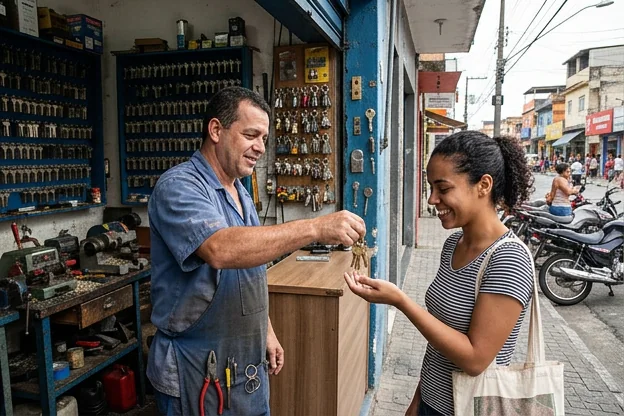 Chaveiro mostrando chaves a um cliente em Carapicuíba.