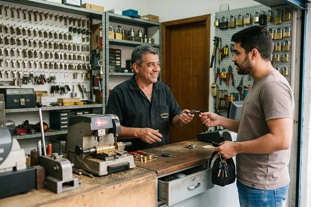 Cliente em conversa com chaveiro em Carapicuíba.